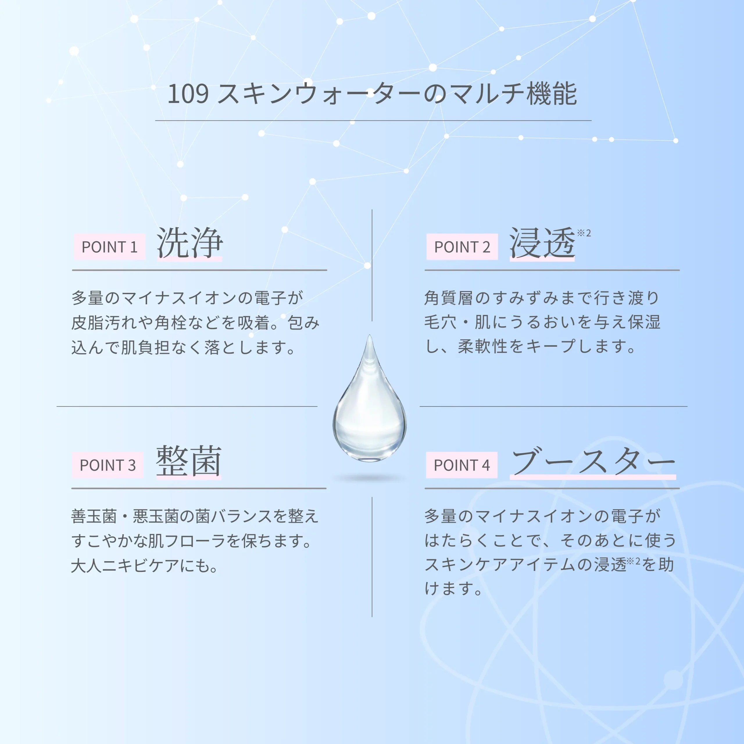 109 Skin Waterのマルチ機能（洗浄・整菌・浸透・ブースター）を示した図