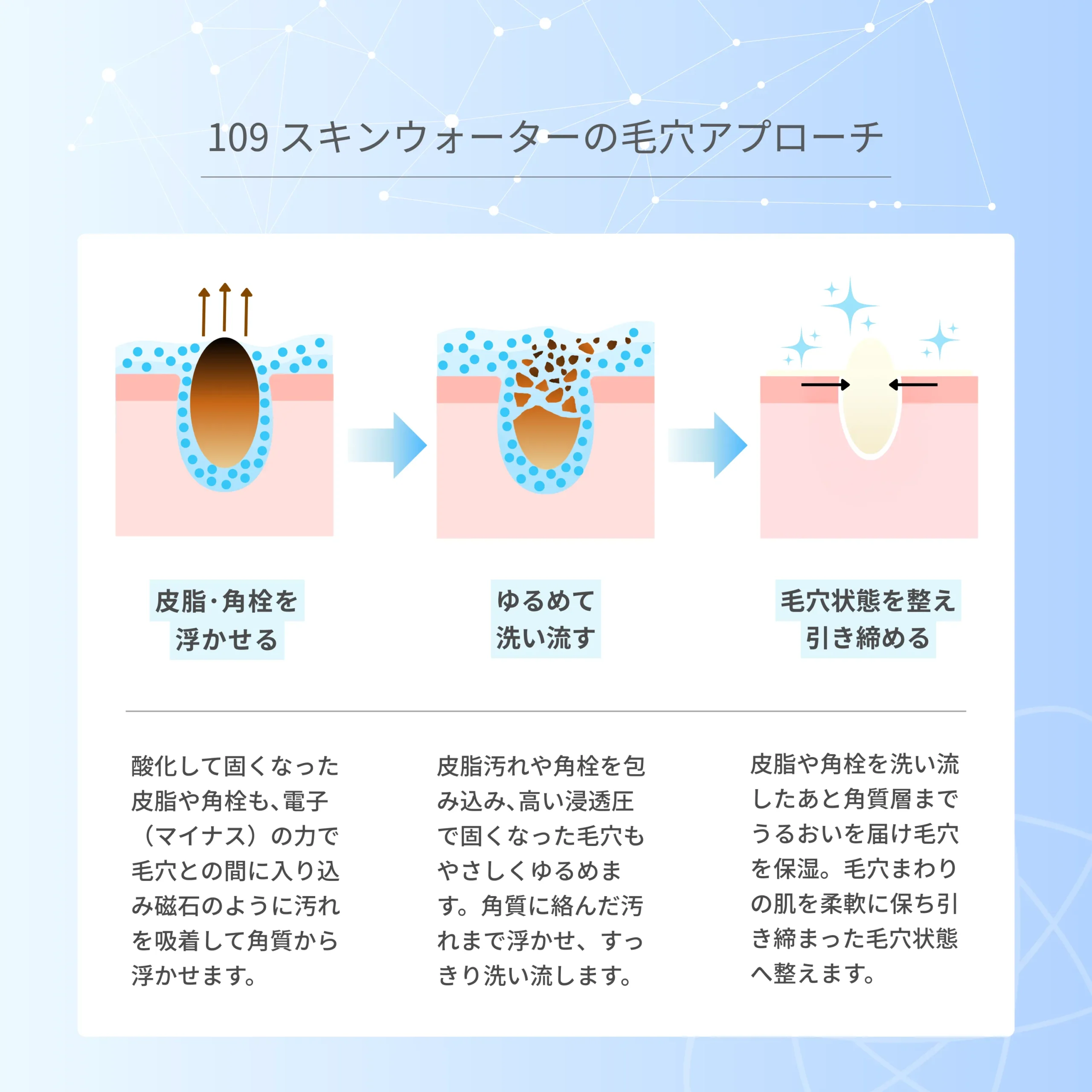 109 Skin Water が毛穴の皮脂や角栓を浮かせてゆるめて洗い流し、毛穴状態を整える仕組みの図